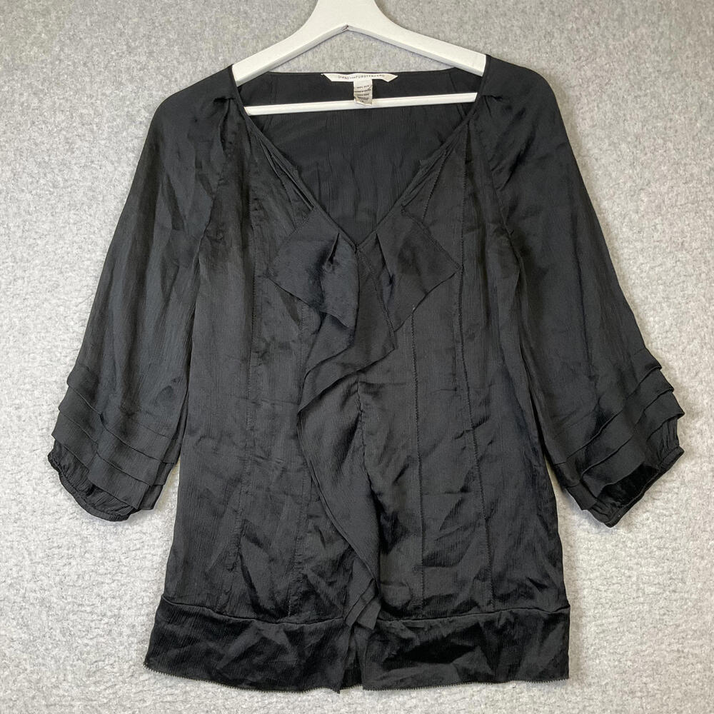 Diane Von Furstenberg Ruffle Blouse Size 2 Black Silk Ruffle Pleat Front Top